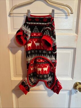 Cozy Holiday Reindeer Fleece Dog Pajamas - Red & Black